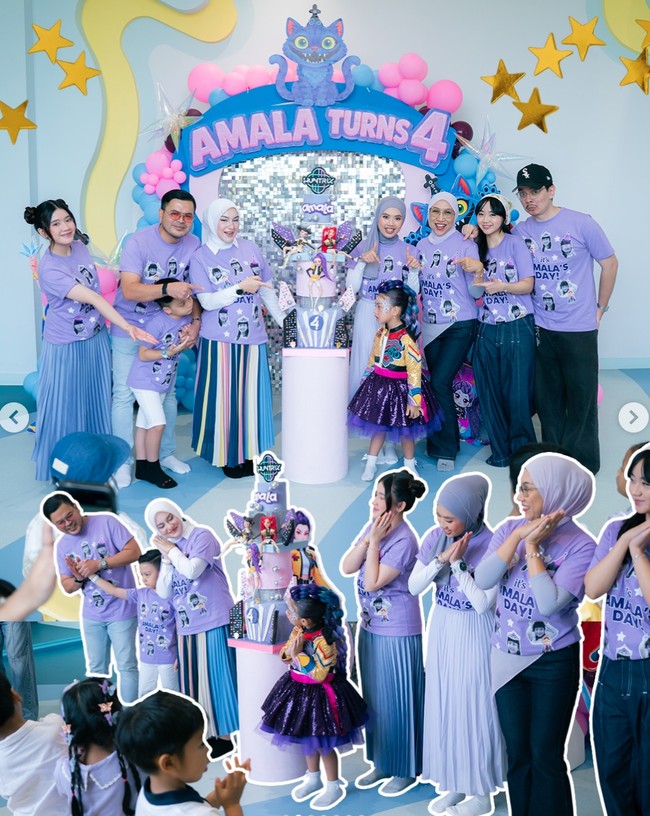 Irish Bella dan Haldy Sabri baru saja menggelar perayaan ulang tahun untuk putri bungsu mereka yang akan segera menjadi kakak, Amala. Kini berusia 4 tahun, perayaan digelar dengan tema Huntrix yang didominasi warna ungu. Foto: Instagram/@_irishbella_