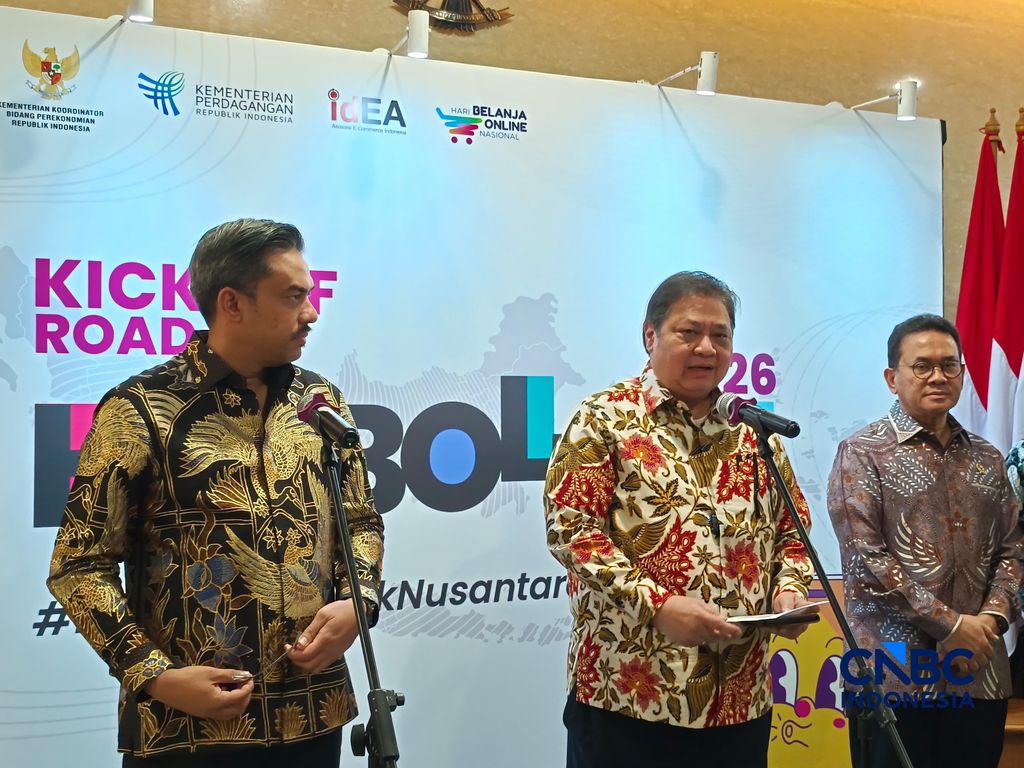 Konferensi pers Kick Off Road to Harbolnas 2026 di Auditorium Kemendag, Jakarta, Kamis (27/8/2026). Konferensi pers Kick Off Road to Harbolnas 2026 di Auditorium Kemendag, Jakarta, Kamis (27/8/2026). (CNBC Indonesia/Martyasari Rizky)