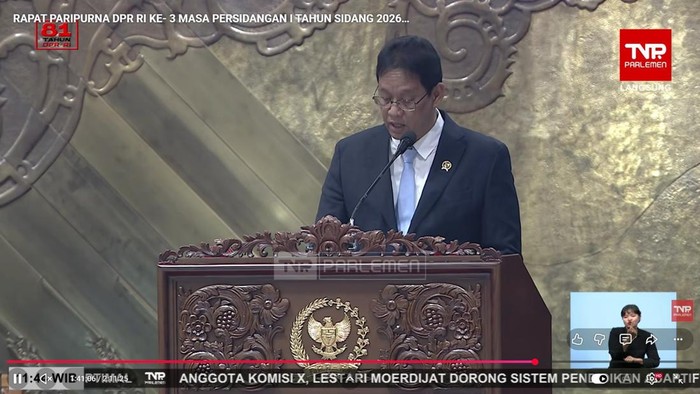 Menkeu RI dalam rapat paripurna DPR RI ke-3 masa persidangan I tahun sidang 2026-2027 itu, Kamis (27/8/2026),