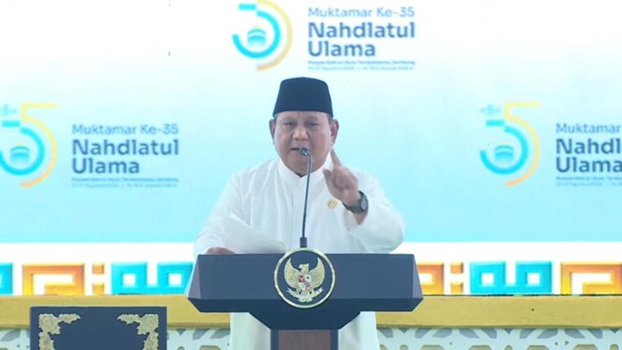 Presiden Prabowo Subianto saat pidato di pembukaan Muktamar ke-35 NU di Jombang