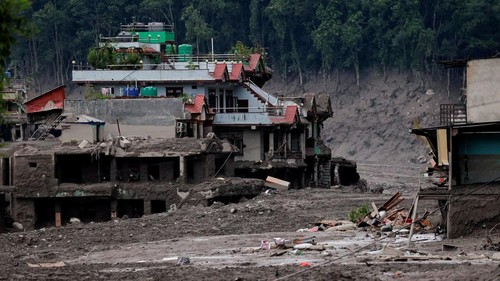 A mud-covered building following a flash flood at Trishuli in Nuwakot district, Nepal, August 26, 2026. REUTERS/Navesh Chitrakar