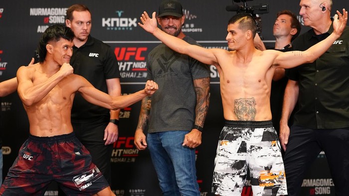 SHANGHAI, CHINA - AUGUST 28:  (L-R) Bilal Hasan and Nilson Rojas of Peru face off during the UFC Fight Night official weigh-in at the InterContinental Shanghai Expo on August 28, 2026 in Shanghai, China. (Photo by Chris Unger/Zuffa LLC)
