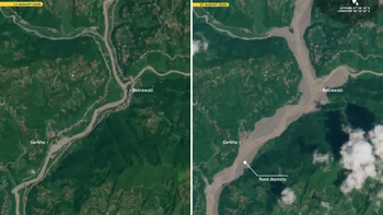 Foto ini menampilkan perbandingan sungai Bhote Koshi–Trishuli melebar secara dramatis dan meninggalkan endapan sedimen yang luas. Foto: CopernicusEU