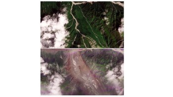 Jejak kedahsyatan banjir Nepal terlihat dari luar angkasa. Sungai yang sebelumnya membelah lembah dengan jalur sempit tampak melebar dan meninggalkan bentangan lumpur serta puing yang sangat luas. Foto: PLANET LABS PBC/Handout via REUTERS - CNBC Indonesia