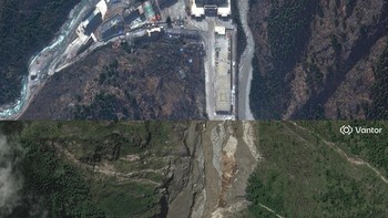 Foto kondisi pos perbatasan Rasuwagadhi (juga dikenal sebagai Pelabuhan Gyirong) antara Nepal dan Tibet. sebelum dan sesudah banjir Foto: Vantor