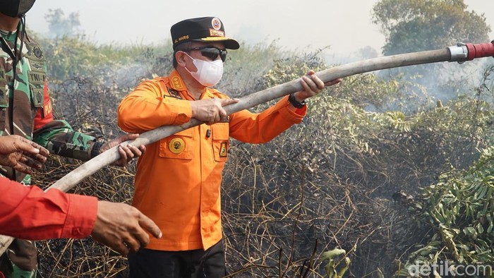 Gubernur Jambi Al Haris turun ke lokasi lahan terbakar.
