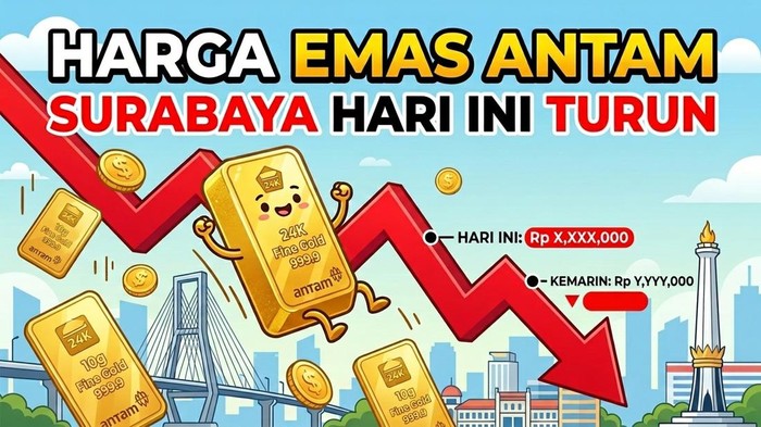 Ilustrasi harga emas Antam Surabaya hari ini turun.