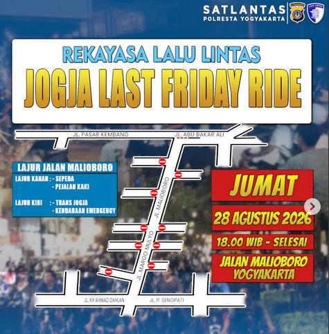 Jogja Last Friday Ride Flyer rekayasa lalu lintas Jogja Last Friday Ride malam nanti. Foto diunggah Jumat (28/8/2026).