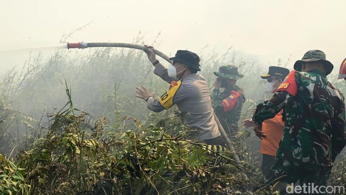 Kapolda dan Gubernur Jambi melakukan penyiraman pemadaman karhutla di TNBS.