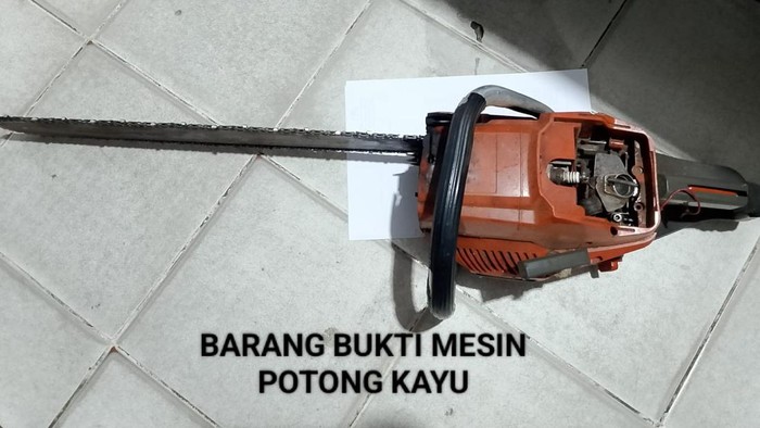 Barang bukti chainsaw diamankan dari kasus perambahan.
