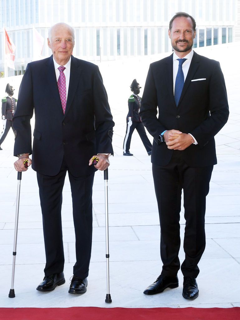 OSLO, NORWAY- AUGUST 19: Crown Prince Haakon and King Harald V attend a luncheon in honour of World War II veterans and time witnesses at the Oslo Opera House on August 19, 2021 in Oslo, Norway. ( Photo By Rune Hellestad/ Getty Images)