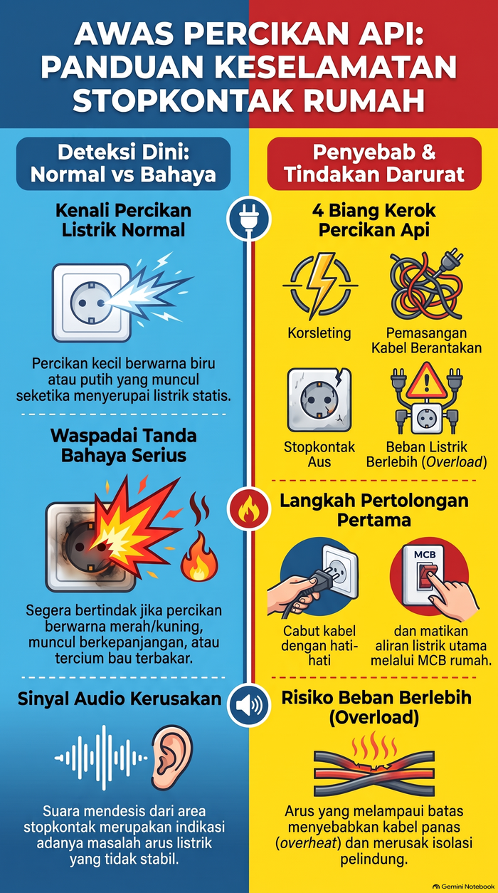 Infografis tanda percikan api pada stopkontak berbahaya
