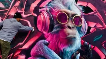 Headphones On, NELS, EMI & ARYON A.K.A BEST. Seekor kera putih berkacamata hitam dan mengenakan headphone tampil di tengah tulisan bergaya neon serta dedaunan tropis di Murcia, Spanyol. Foto: Street Art Utopia