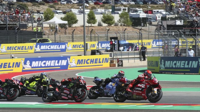 ALCANIZ, SPAIN - AUGUST 29: Marc Marquez of Spain riding the Lenovo Ducati (93) on track during the Tissot Sprint at Motorland Aragon Circuit on August 29, 2026 in Alcaniz, Spain. (Photo by Gold & Goose Photography/Getty Images)