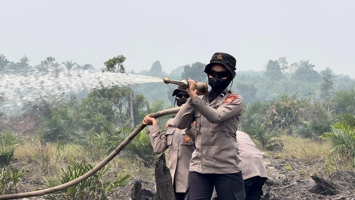 Polwan Polda Riau turun membantu pemadaman karhutla di Pelalawan, Minggu (30/8/2026).