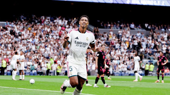 Jude Bellingham of Real Madrid celebrates a goal during the La Liga 2026/27 match between Real Madrid and Malaga at Santiago Bernabeu Stadium in Madrid, Spain, on August 30. (Photo by Guillermo Martinez/NurPhoto via Getty Images)