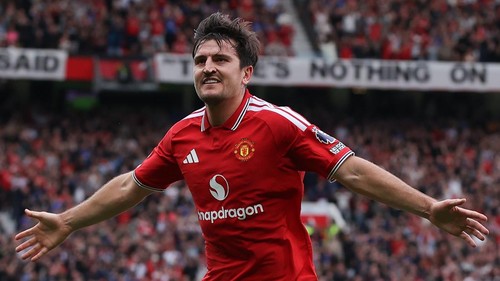 MANCHESTER, ENGLAND - AUGUST 30: Harry Maguire of Manchester United celebrates their sides second goal, an own goal scored by Jacob Greaves of Ipswich Town, during the Premier League 2026/27 match between Manchester United and Ipswich Town at Old Trafford on August 30, 2026 in Manchester, England. (Photo by James Gill - Danehouse/Getty Images)