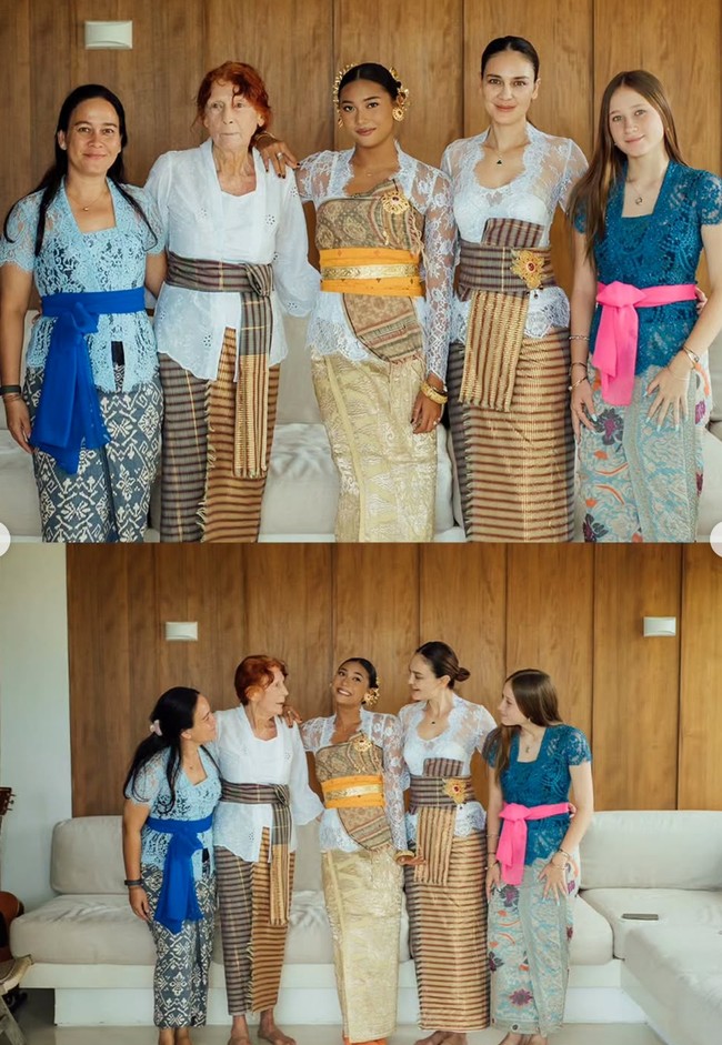 Istri Maxime Bouttier itu terlihat anggun dengan kebaya lace lengan panjang dipadukan dengan rok lilit dan ikat pinggang garis-garis bernuansa coklat. Ia juga hanya mengenakan aksesori simpel berupa kalung yang melingkar di lehernya. Foto: Instagram/@lunamaya