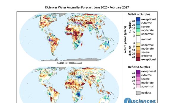 Peta Anomali Air Dunia 2025–2027 Peta iSciences menunjukkan wilayah yang mengalami defisit dan surplus air berdasarkan data hingga Mei 2026 serta proyeksi hingga Februari 2027. Warna merah-oranye menunjukkan defisit air, sedangkan biru-hijau menunjukkan surplus air, dengan tingkat keparahan berbeda di tiap wilayah.