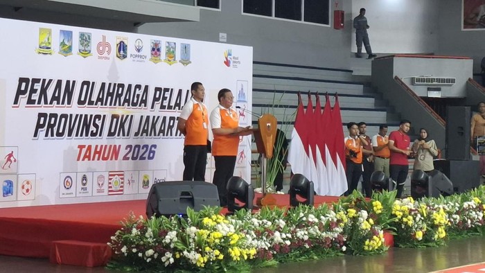 Pramono saat membuka Perprov DKI Jakarta 2026 di GOR Soemantri Brodjonegoro, Kuningan, Jakarta Selatan, Senin (31/8/2026). (Brigitta/detikcom)