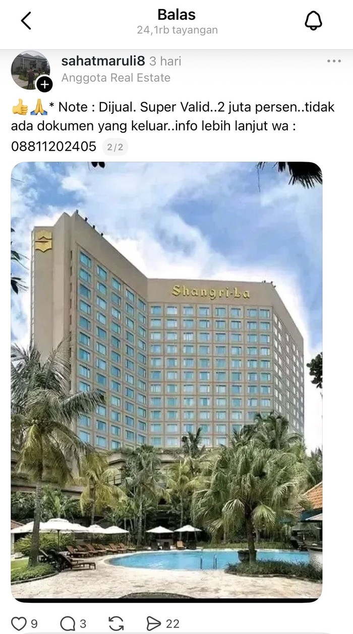 Kiriman di medsos Threads tentang hotel Shangri-La Surabaya yang dijual seharga Rp 2,3 triliun.