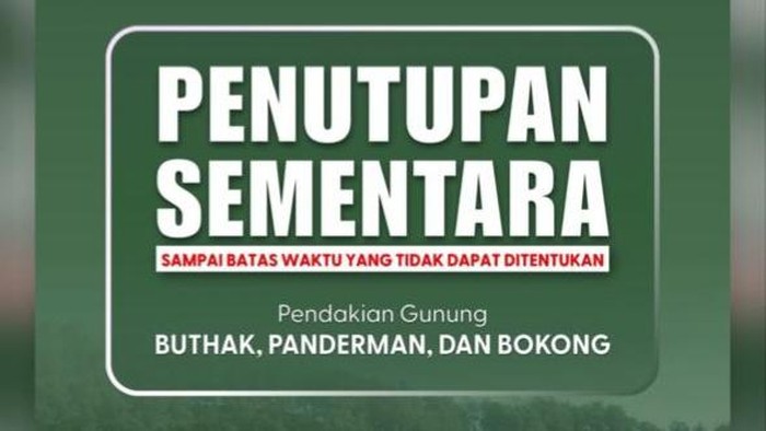 Tangkapan layar informasi penutupan jalur pendakian Gunung Buthak, Panderman dan Bokong.