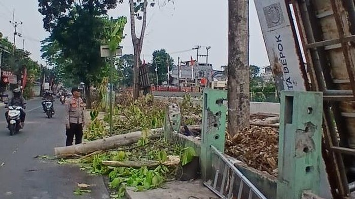 Lokasi pekerja jatuh saat menebang pohon di Jembatan Serong, Kota Depok, Rabu (2/9/2026).