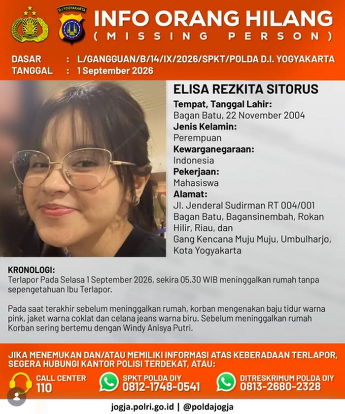 Info orang hilang atas nama Elisa Rezkita Sitorus seperti yang diunggah Polda DIY di akun Instagramnya, Rabu (2/9/2026).