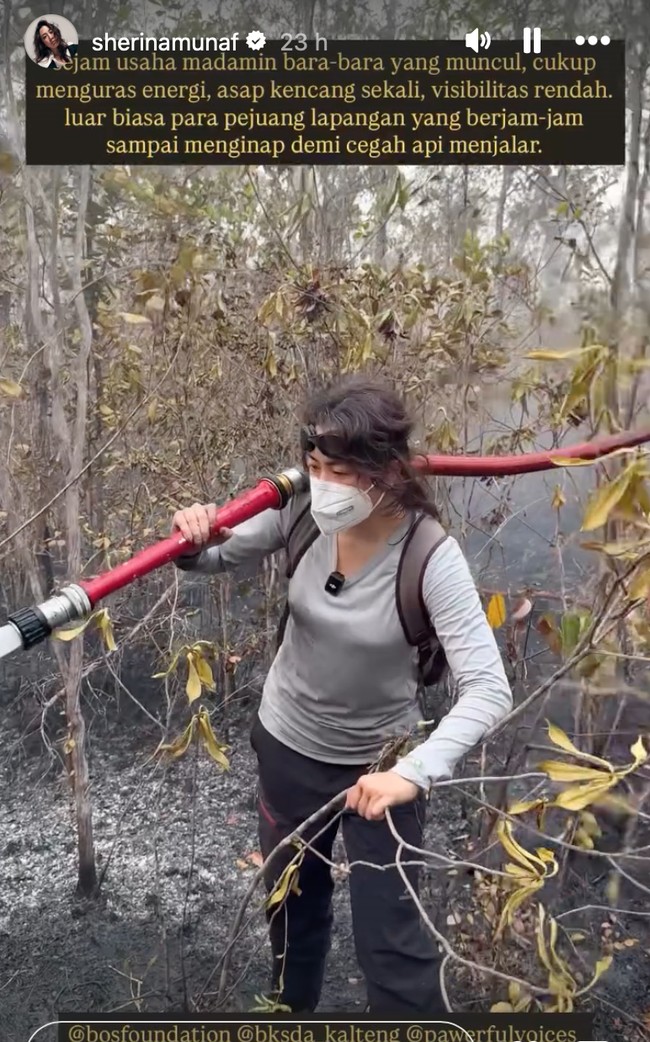Dengan sigap dan antusias, Sherina tampak memegang selang air pemadam untuk memadamkan api di daerah tersebut. Terlihat pohon-pohon di hutan Kalimantan bekas terbakar. Abu pun berserakan di mana-mana. Foto: Instagram/@sherinamunaf
