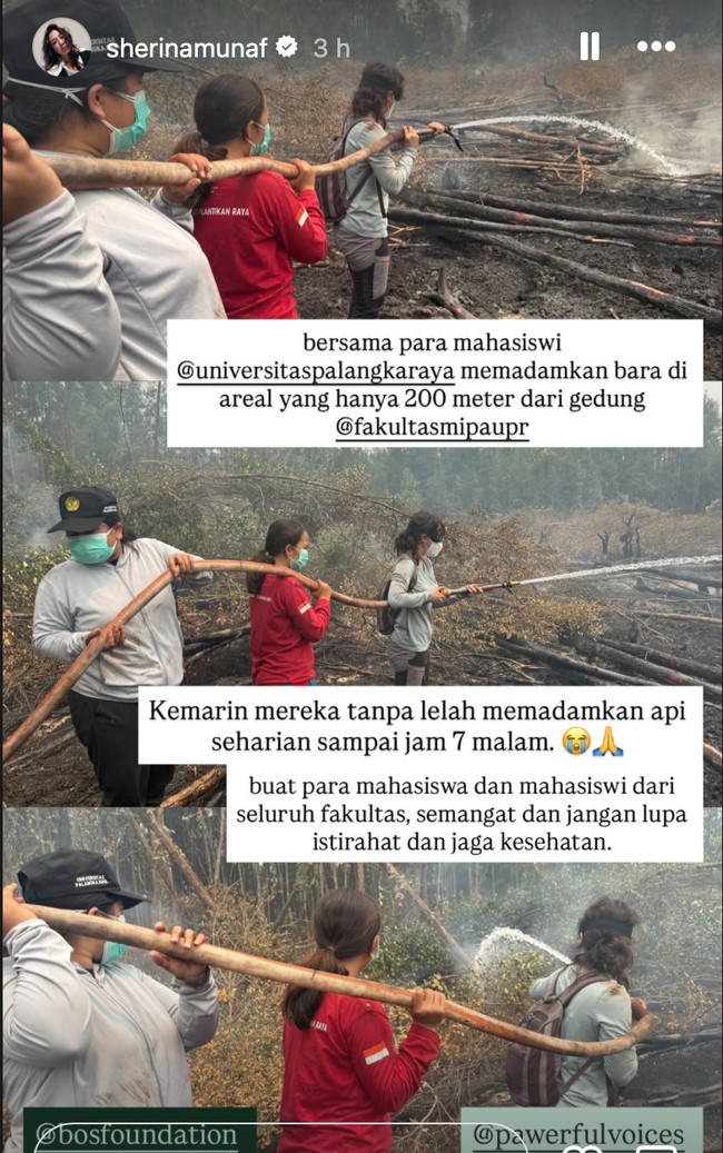 Sherina bersama tim pemadam dan mahasiswa ikut memadamkan api. Ia tampil simpel dan sederhana kenakan kaos lengan panjang abu-abu dan celana panjang senada. Foto: Instagram/@sherinamunaf