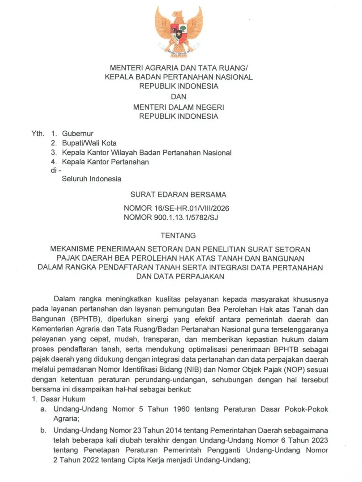 Surat Edaran Bersama Nomor 16/SE-HR.01/VIII/2026, Nomor 900.1.13.1/5782/SJ tentang Mekanisme Penerimaan Setoran dan Penelitian Surat Setoran Pajak Daerah BPHTB dalam rangka Pendaftaran Tanah serta Integrasi Data Pertanahan dan Data Perpajakan. (Dok. Istimewa) Surat Edaran Bersama Nomor 16/SE-HR.01/VIII/2026, Nomor 900.1.13.1/5782/SJ tentang Mekanisme Penerimaan Setoran dan Penelitian Surat Setoran Pajak Daerah BPHTB dalam rangka Pendaftaran Tanah serta Integrasi Data Pertanahan dan Data Perpajakan. (Dok. Istimewa)