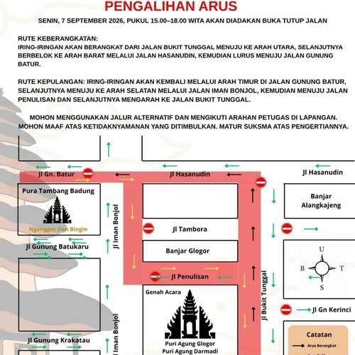 Imbauan pengalihan arus lalu lintas di area Puri Agung Gelogor Denpasar.