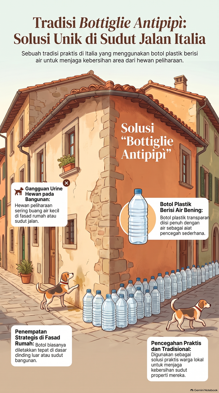 Infografis rumah di Italia ada botol berisi air diletakkan di depan