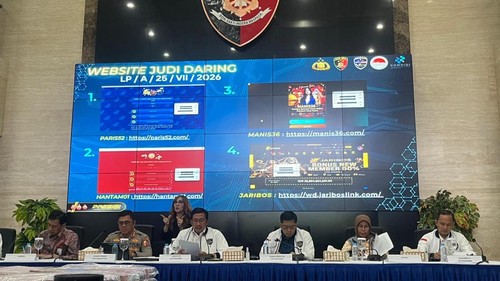 Konferensi pers pengungkapan sindikat judi online (judol) , di Bareskrim Polri, Jakarta, Kamis (3/9/2026).