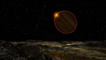 Jupiter (dilihat dari bulan Europa), yang berjarak 779 juta kilometer dari Matahari. Foto: Ron Miller via IFLScience