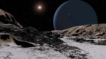 Uranus (dilihat dari bulan Ariel) yang berjarak 2,88 miliar kilometer dari Matahari. Foto: Ron Miller via IFLScience