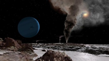 Neptunus (dilihat dari bulan Triton), yang berjarak 4,5 miliar kilometer dari Matahari. Geiser kriovulkanik menyelimuti cakrawala. Foto: Ron Miller via IFLScience