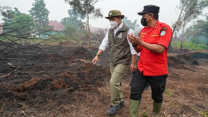 Menhut Raja Antoni saat meninjau lokasi karhutla di Desa Kuala Dua, Kecamatan Sungai Raya, Kabupaten Kubu Raya, Kalbar, Kamis (3/9/2026). (Dok Kemenhut)
