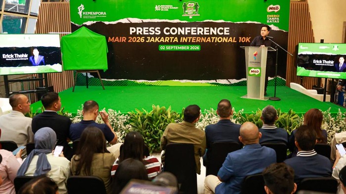 Menpora Erick Thohir dalam konferensi pers Jakarta International 10K, Rabu (2/9/2026).