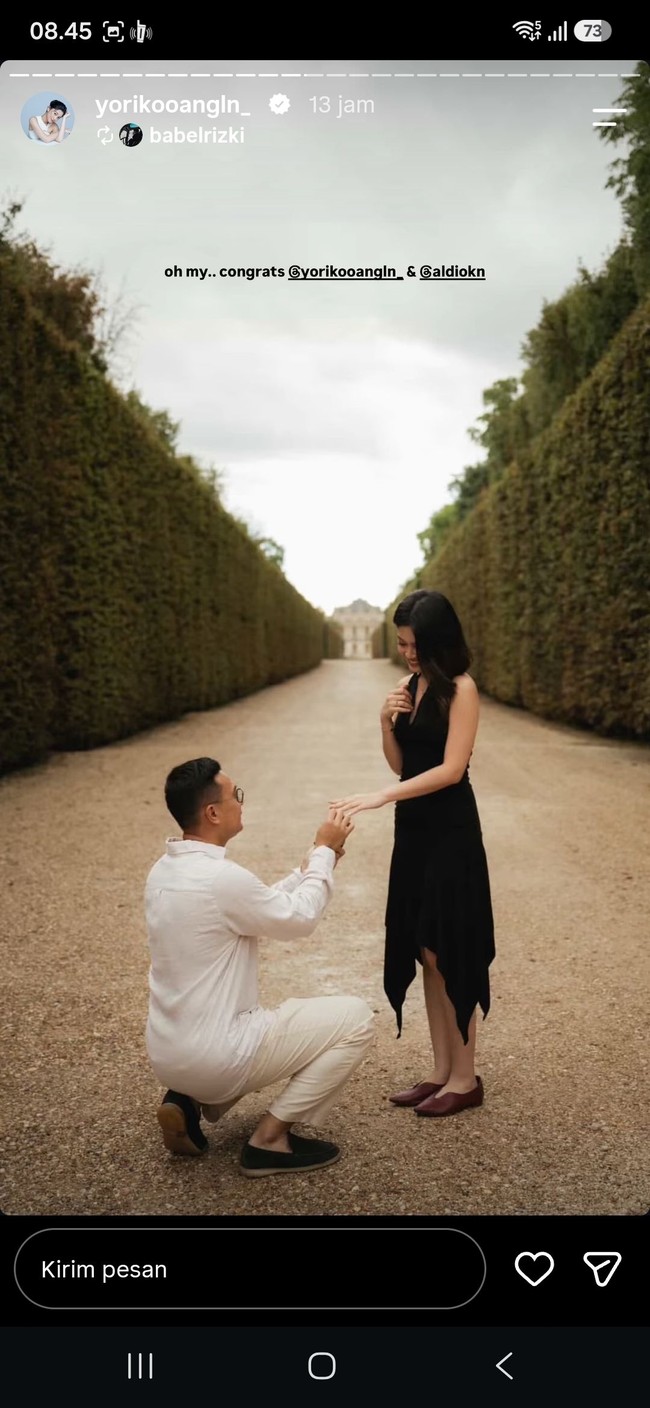 Tak butuh waktu lama, Yoriko menerima lamaran tersebut. Romantis, Aldio tampak berlutut sambil memakaikan cincin lamaran ke jari manis kekasihnya. Foto: dok Instagram yorikooangln_