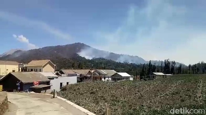 Asap kebakaran hutan dan lahan Gunung Semeru tampak masih membubung ke udara.