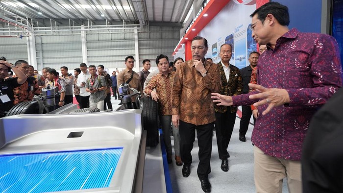 Ketua Dewan Ekonomi Nasional Luhut dan Menteri Perindustrian Agus sedang mengunjungi pabrik BYD di Subang
