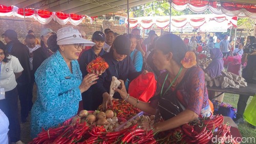 Ketua TP PKK Bali, Putri Suastini Koster saat berbelanja beberapa kebutuhan pokok di pasar rakyat, Karangasem, Jumat (4/9/2026).