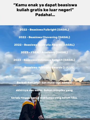 Kisah Hafidz yang pantang menyerah usai gagal belasan kali beasiswa dan tes kerja, hingga akhirnya lolos Australia Awards dan lulus S2 di Australia. Kisah Hafidz yang pantang menyerah usai gagal belasan kali beasiswa dan tes kerja, hingga akhirnya lolos Australia Awards dan lulus S2 di Australia.