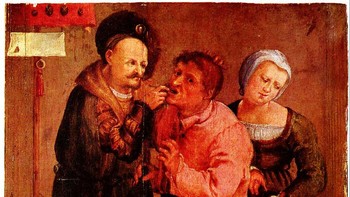 Di Inggris pada era Georgian, pasien kaya bisa membeli gigi segar yang dicabut dari seseorang yang cukup putus asa untuk menjual gigi mereka. Sang donor akan menunggu di luar klinik. Foto: Johann Liss / After Lucas van Leyden via Bored Panda