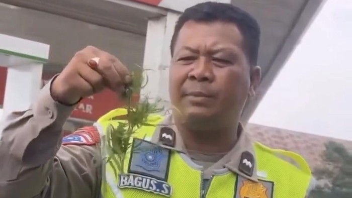Polisi lalu lintas saat menemukan ganja di dalam tas pria pengendara sepeda motor. (Foto: dok. Tangkapan Layar)