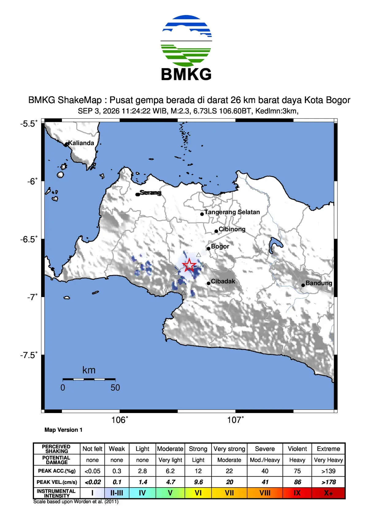 Pusat gempa berada di darat 26 km barat daya Kota Bogor, Kamis (3/9/2026). (Dok.BMKG) Pusat gempa berada di darat 26 km barat daya Kota Bogor, Kamis (3/9/2026). (Dok.BMKG)