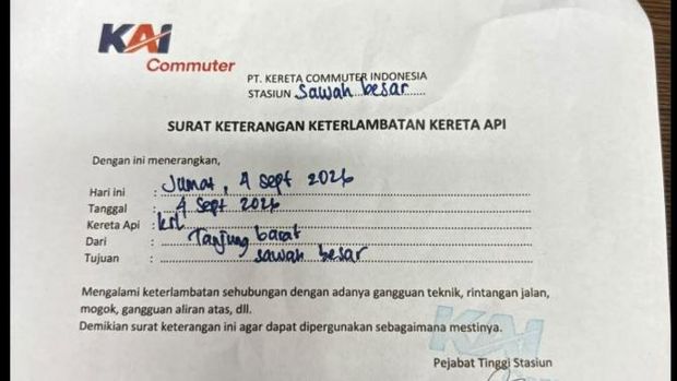Surat keterangan keterlabatan dari KAI, Jumat (4/9/2026).