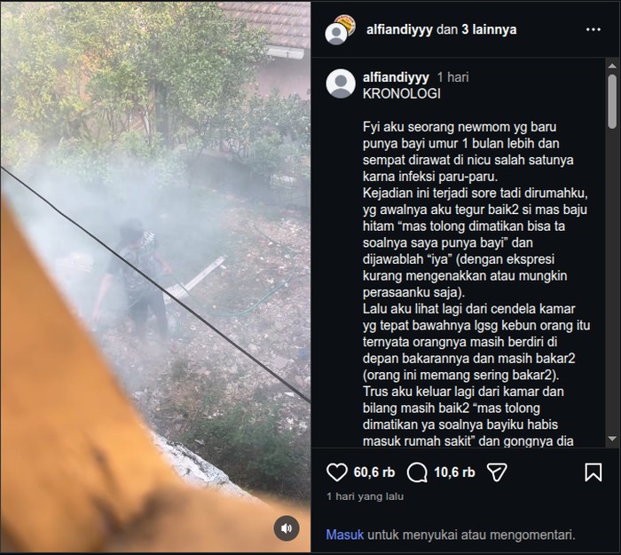 Tangkapan layar video viral konflik tetangga gegara bakar-bakar sampah di Kota Batu. Perekam video menegur tetangganya mematikan api bakaran karena punya bayi yang sempat infeksi paru-paru.