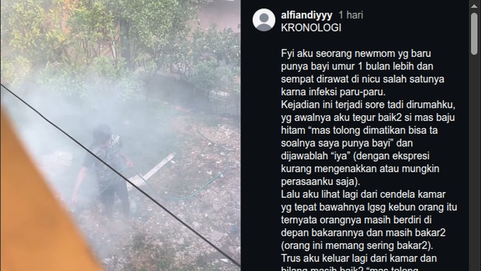 Tangkapan layar video viral konflik tetangga gegara bakar-bakar sampah di Kota Batu. Perekam video menegur tetangganya mematikan api bakaran karena punya bayi yang sempat infeksi paru-paru.